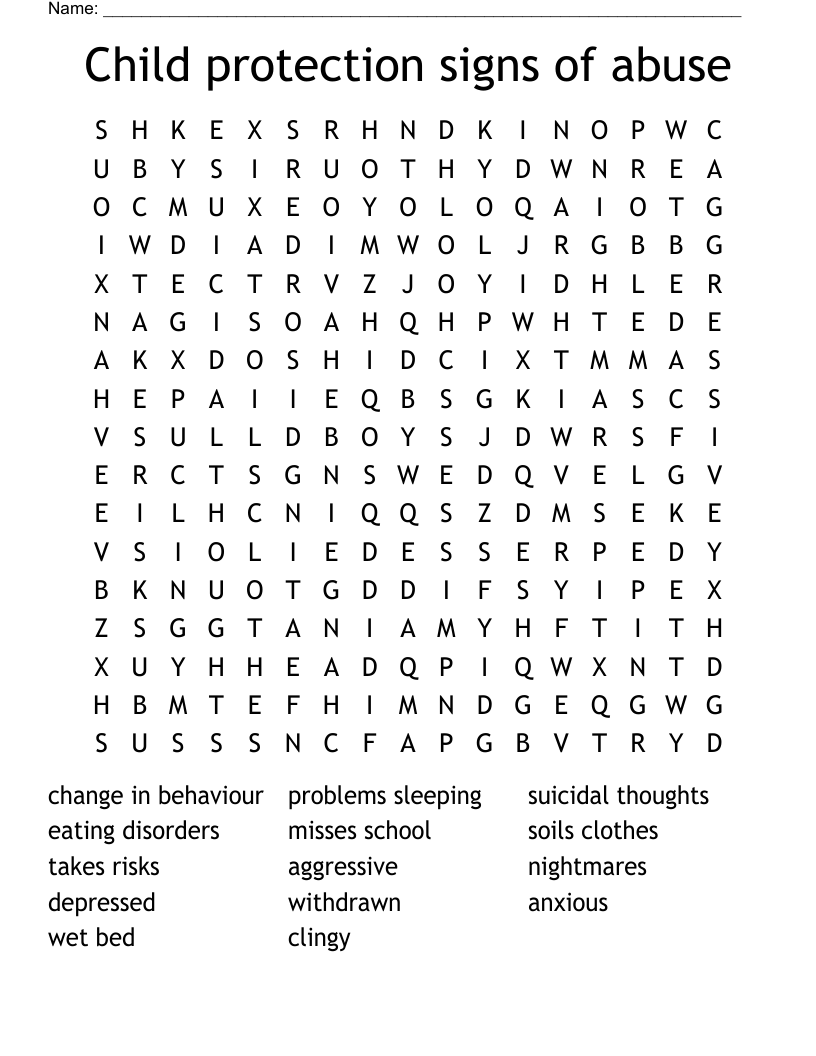Child protection signs of abuse Word Search
