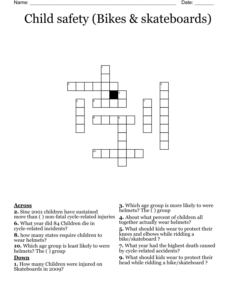 Child safety (Bikes & skateboards) Crossword