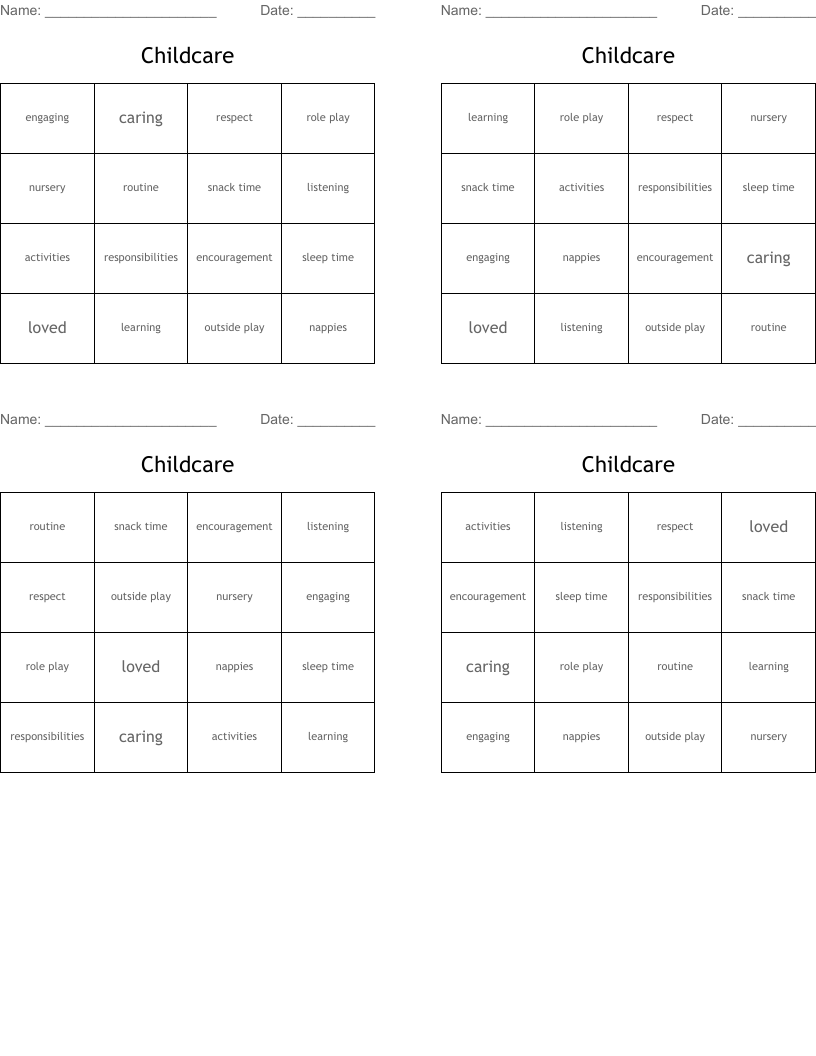 Childcare Bingo Cards