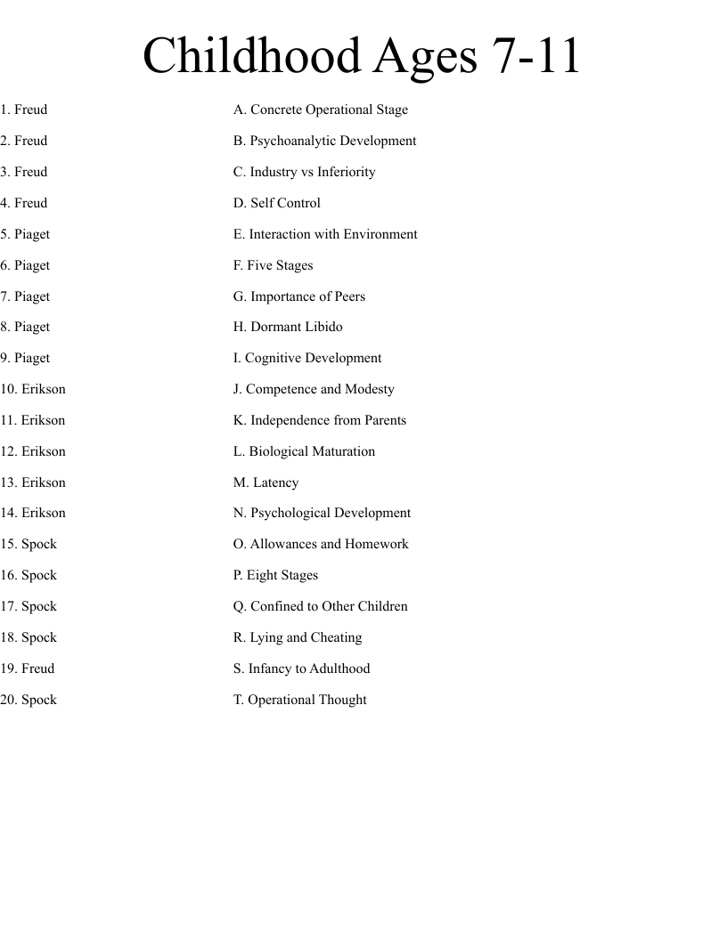 Childhood Ages 7-11 Worksheet