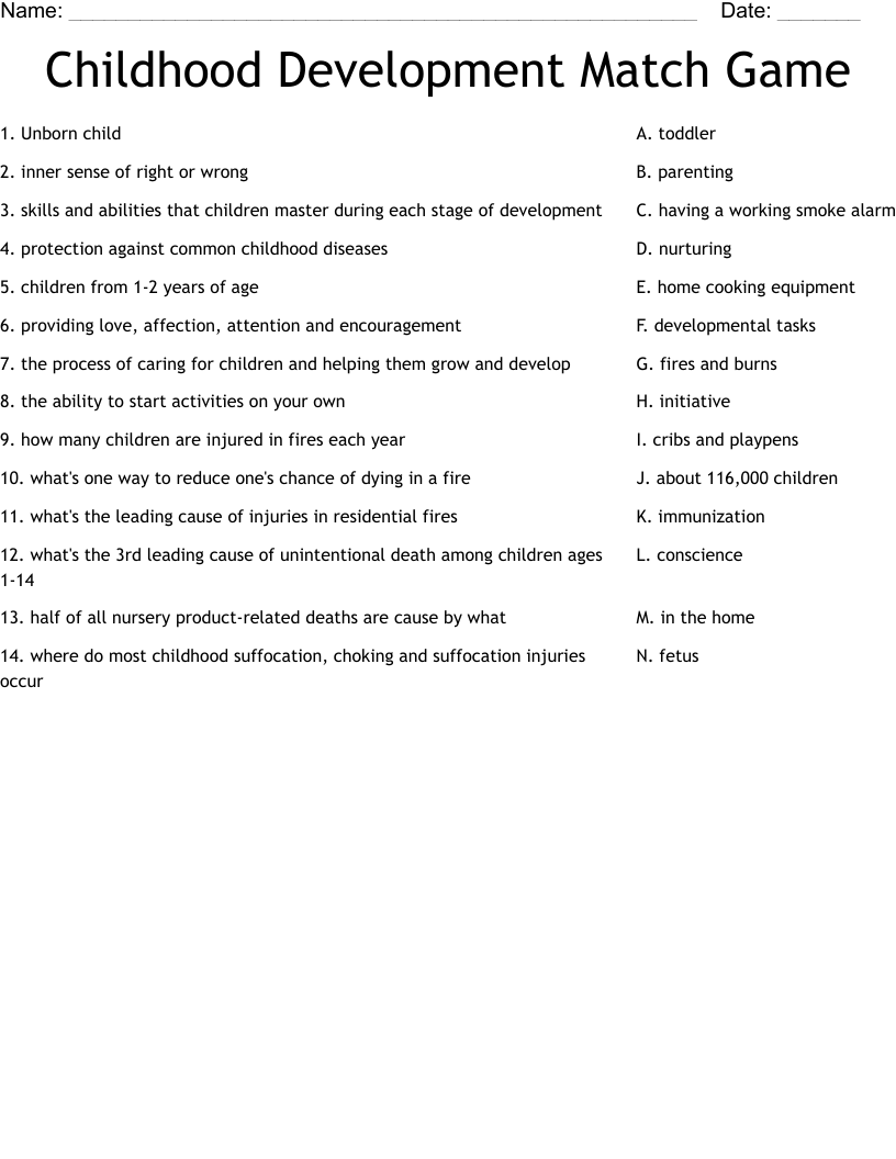 Childhood Development Match Game Worksheet