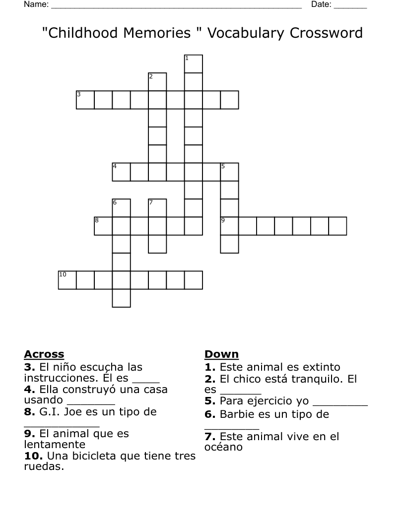 "Childhood Memories " Vocabulary Crossword