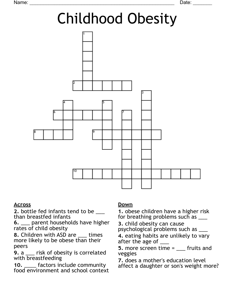 Childhood Obesity Crossword