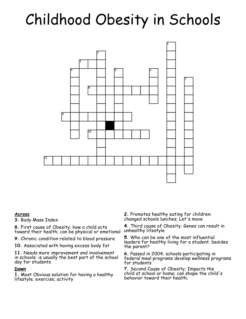 Childhood Obesity in Schools Crossword