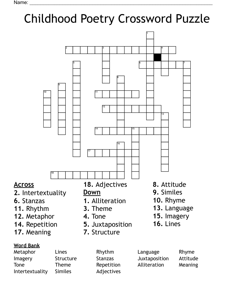 Childhood Poetry Crossword Puzzle