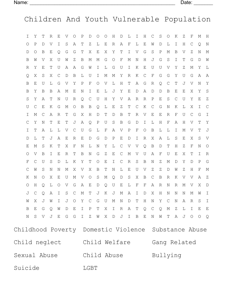 Children And Youth Vulnerable Population Word Search