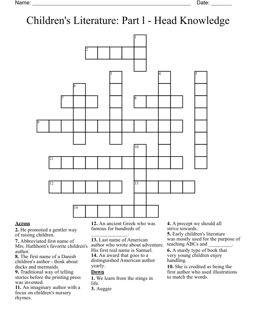 Children's Literature: Part l - Head Knowledge Crossword