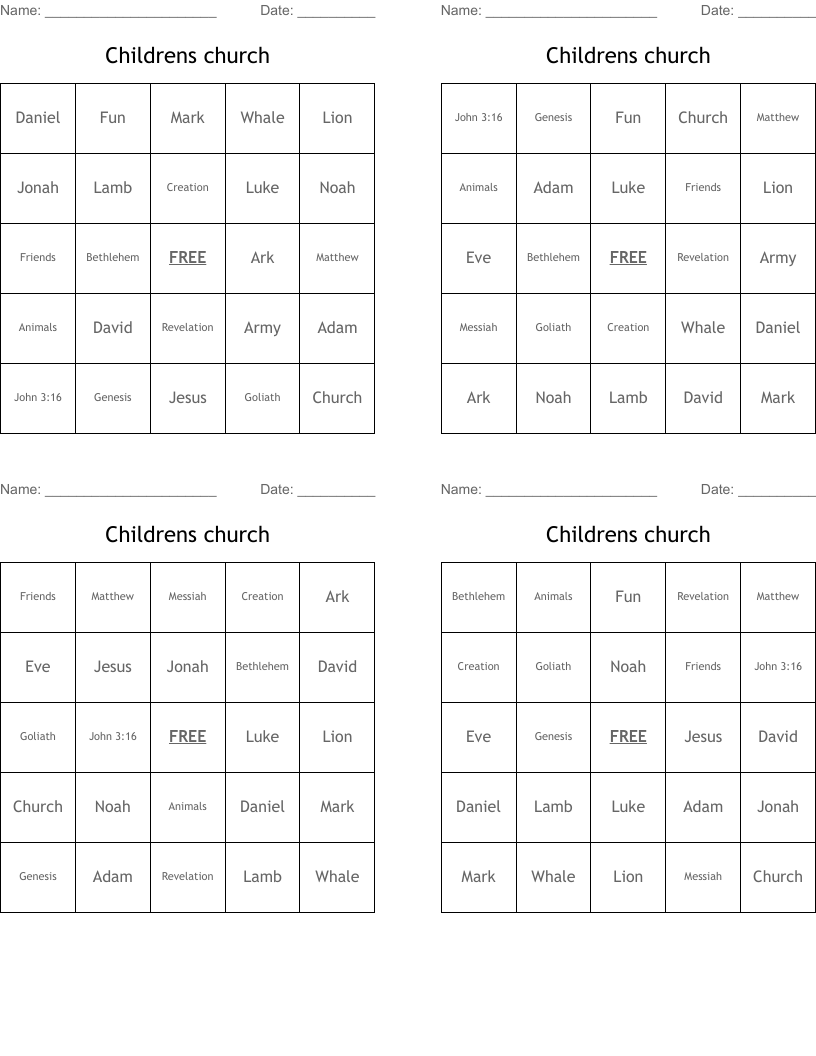 Childrens church  Bingo Cards