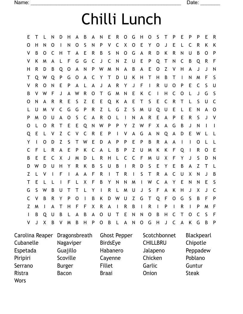 Chilli Lunch Word Search