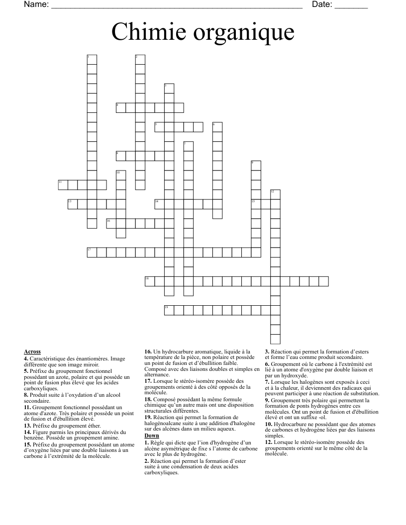Chimie organique Crossword