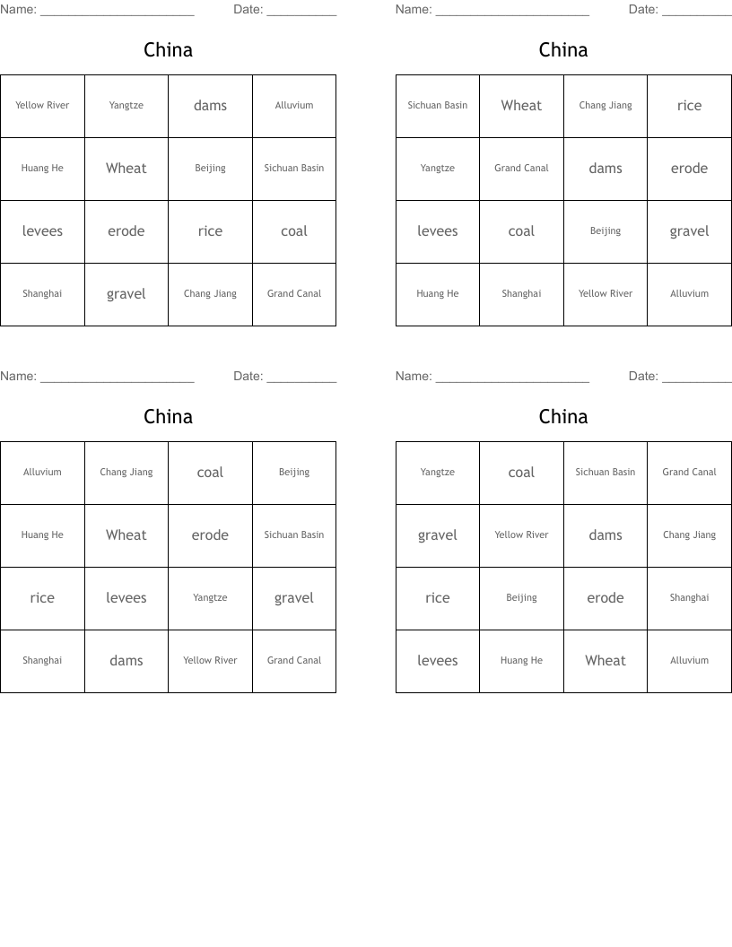China Bingo Cards