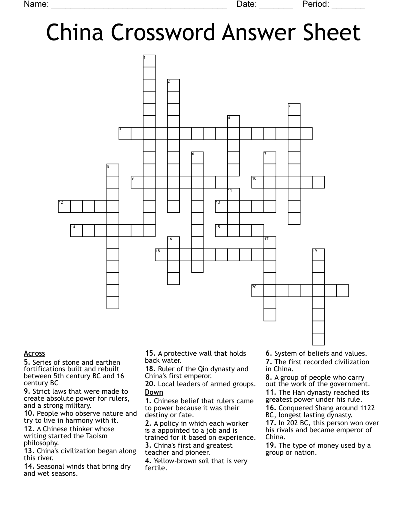 China Crossword Answer Sheet 