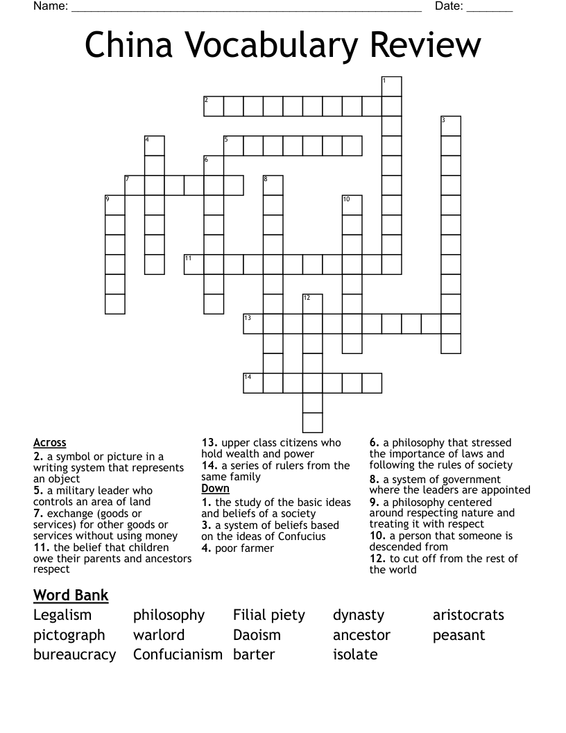 China Vocabulary Review Crossword