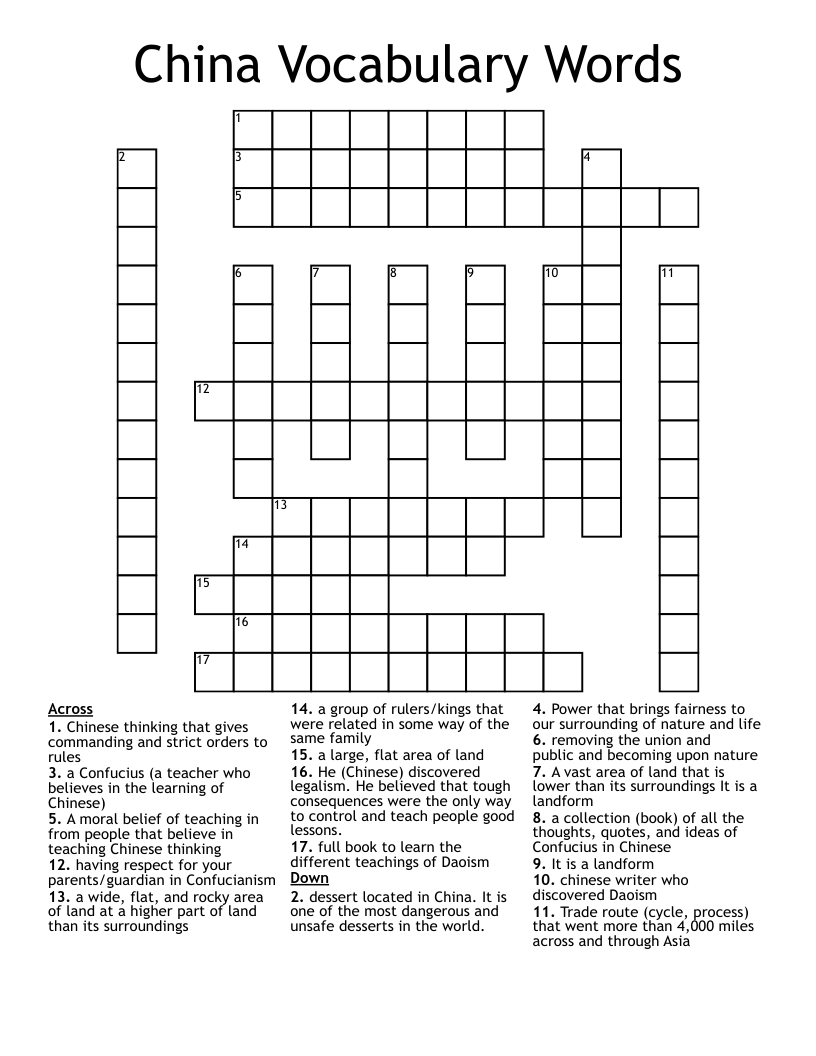 China Vocabulary Words Crossword