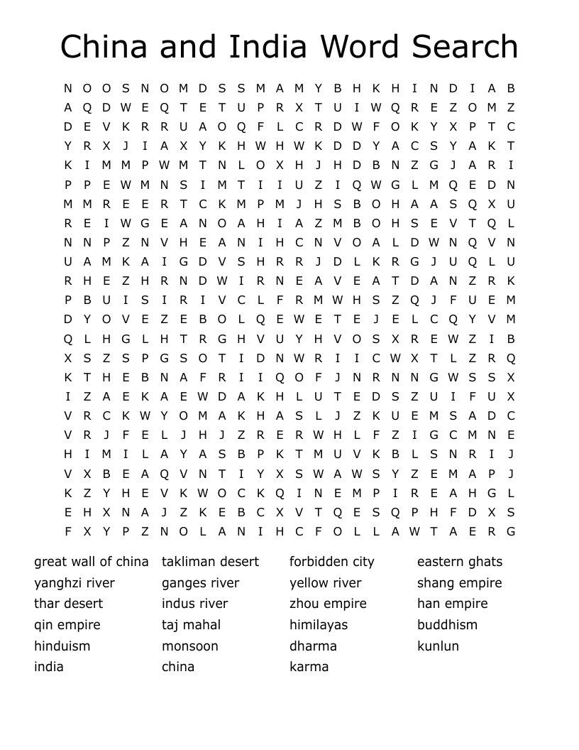 China and India Word Search