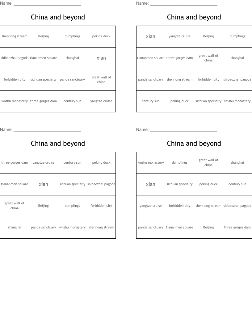 China and beyond Bingo Cards