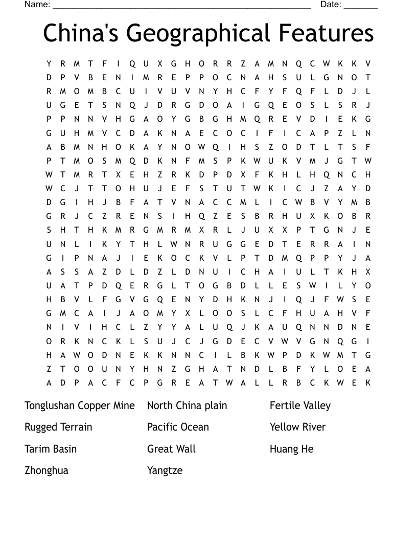 China's Geographical Features Word Search