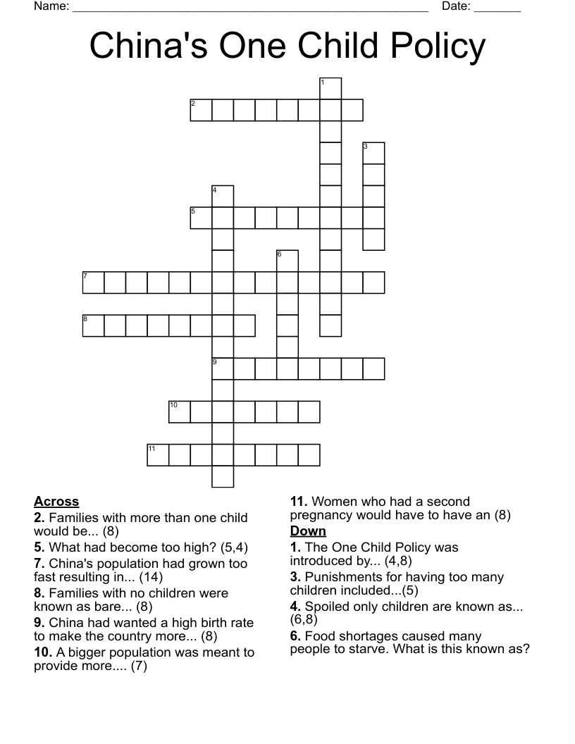 China's One Child Policy Crossword