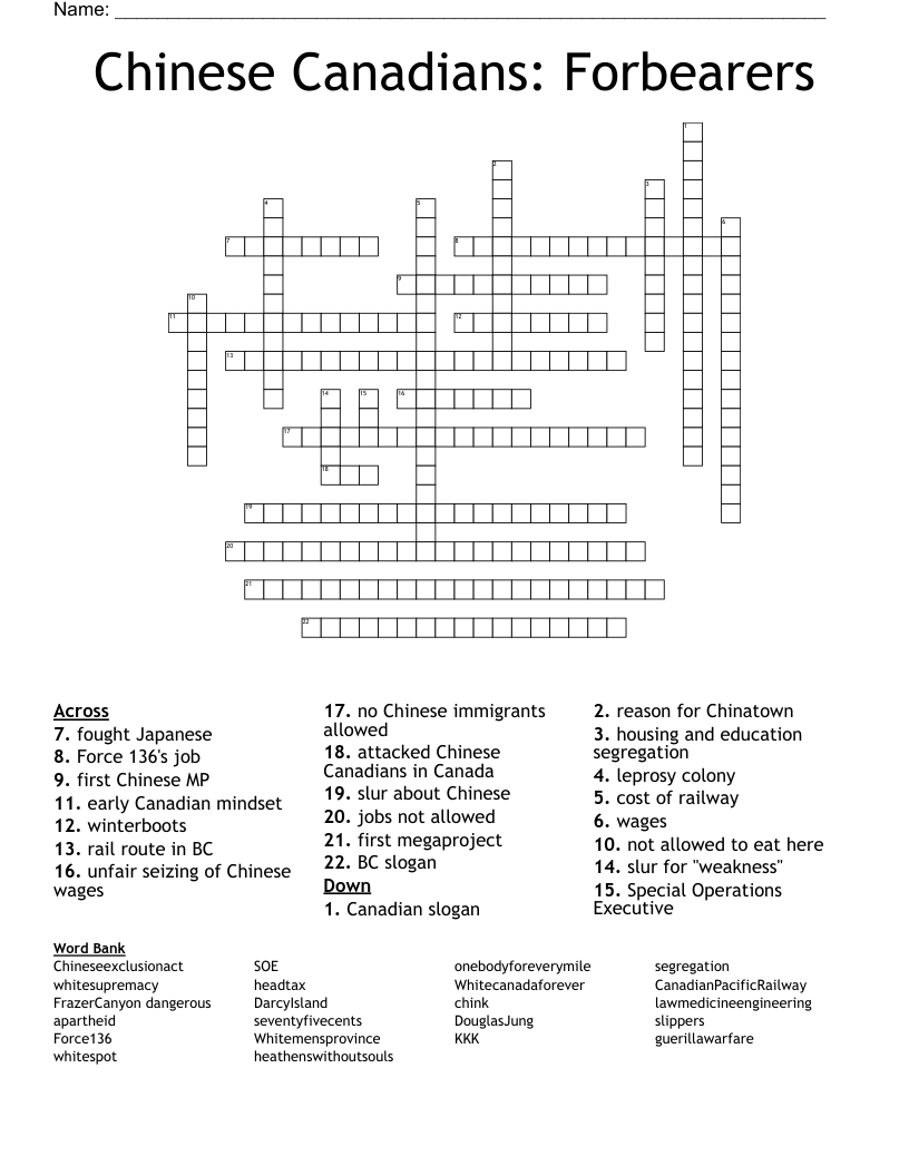Chinese Canadians: Forbearers Crossword