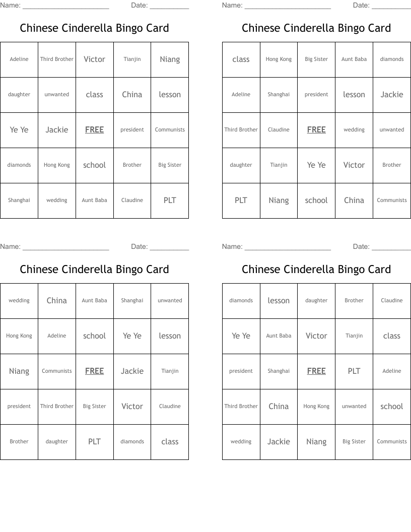 Chinese Cinderella Bingo Card