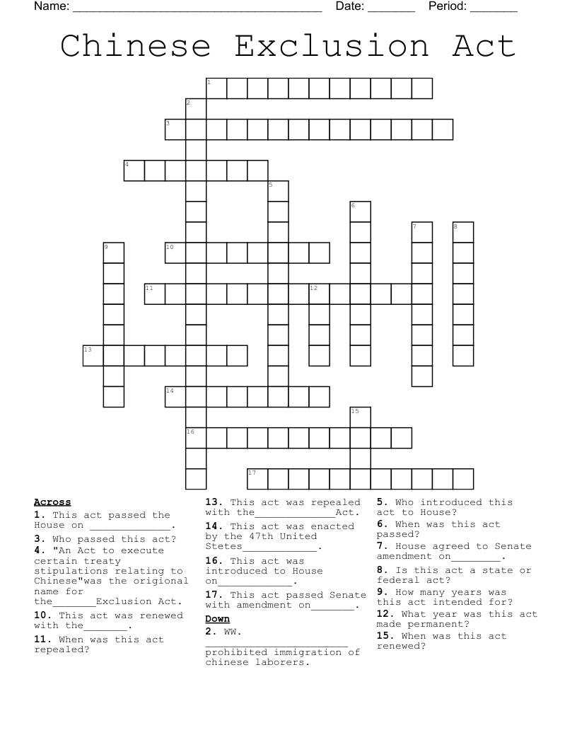 Chinese Exclusion Act Crossword