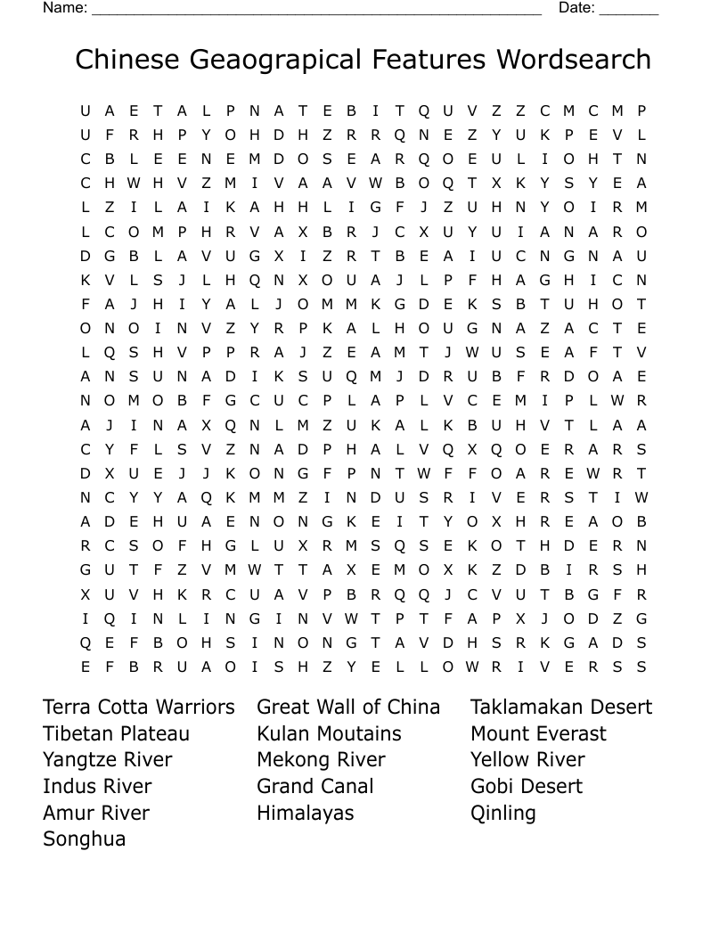 Chinese Geaograpical Features Wordsearch