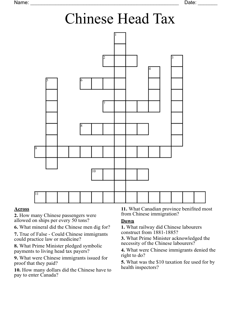 Chinese Head Tax Crossword