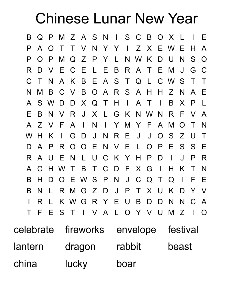 Chinese Lunar New Year Word Search