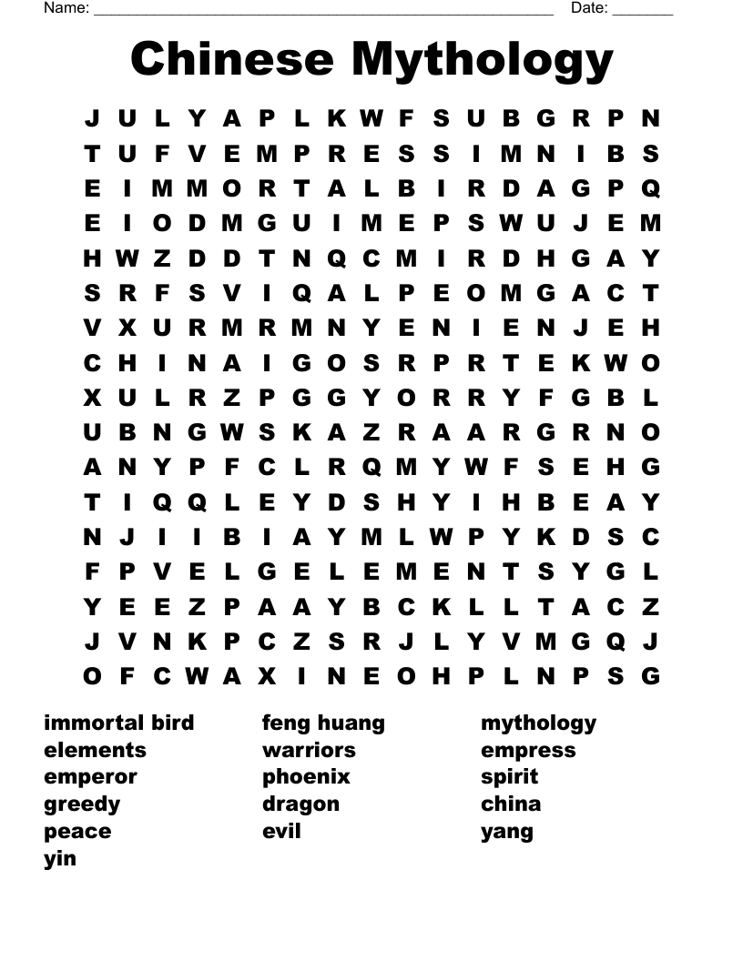 Chinese Mythology Word Search