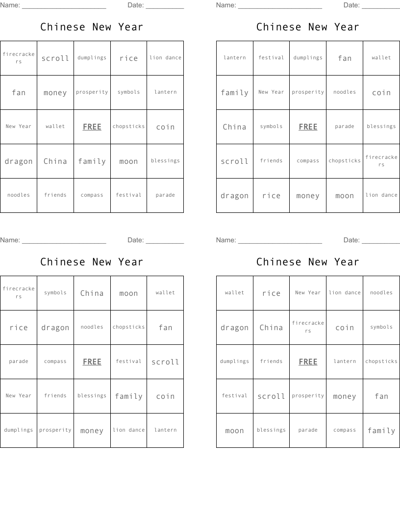 Chinese New Year Bingo Cards