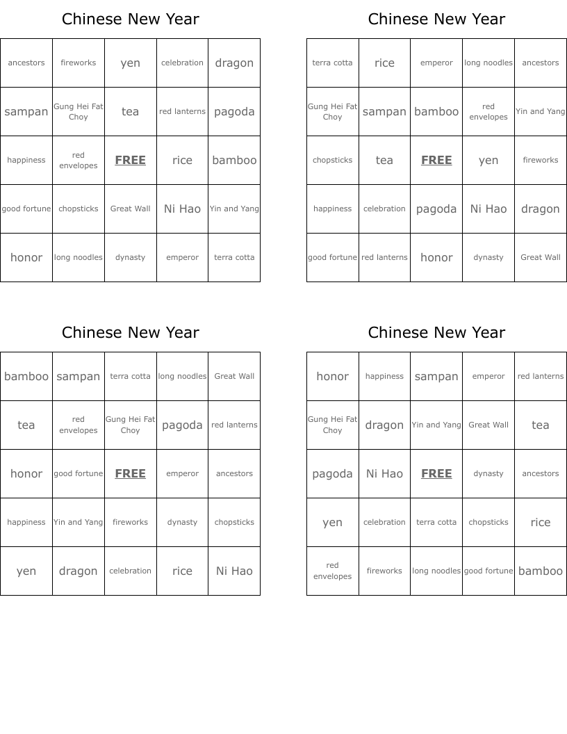 Chinese New Year Bingo Cards