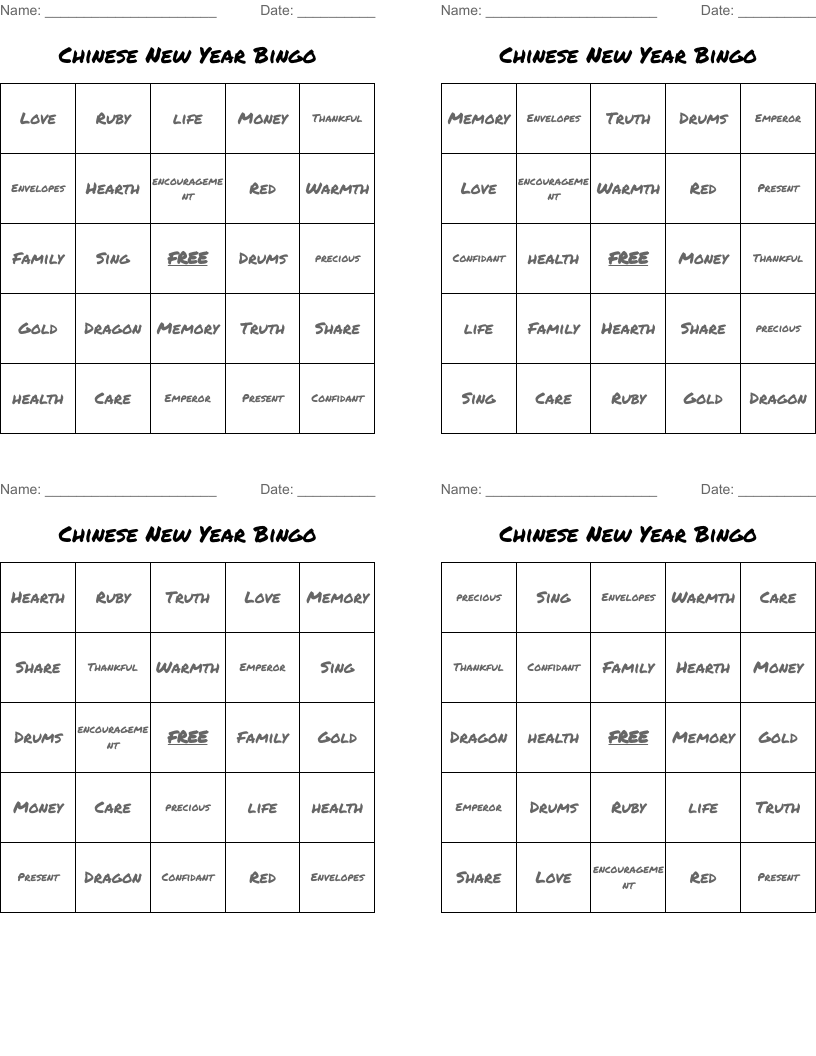 Chinese New Year Bingo