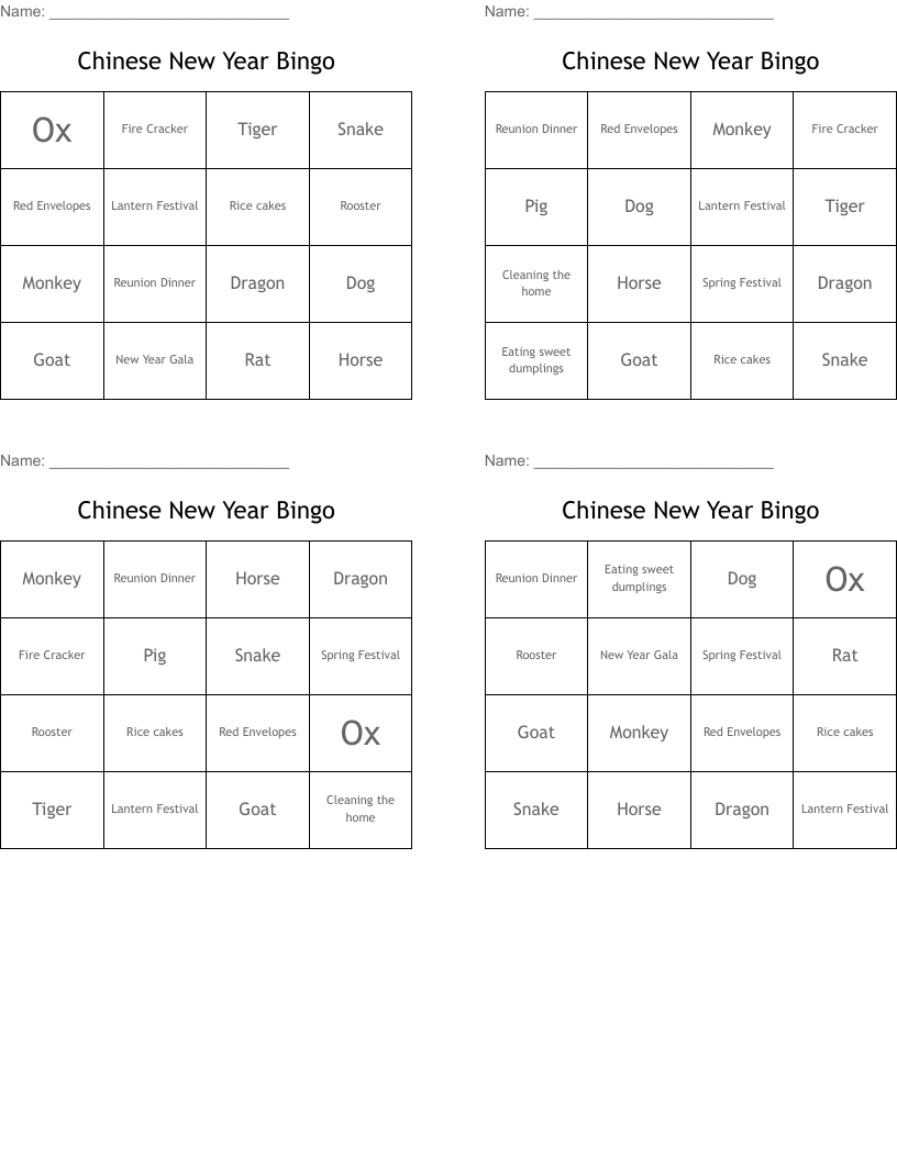 Chinese New Year Bingo 