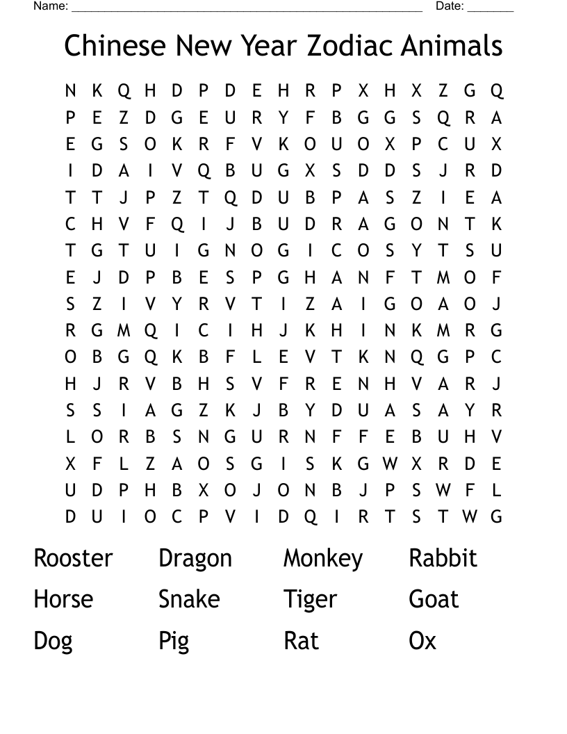 Chinese New Year Zodiac Animals  Word Search