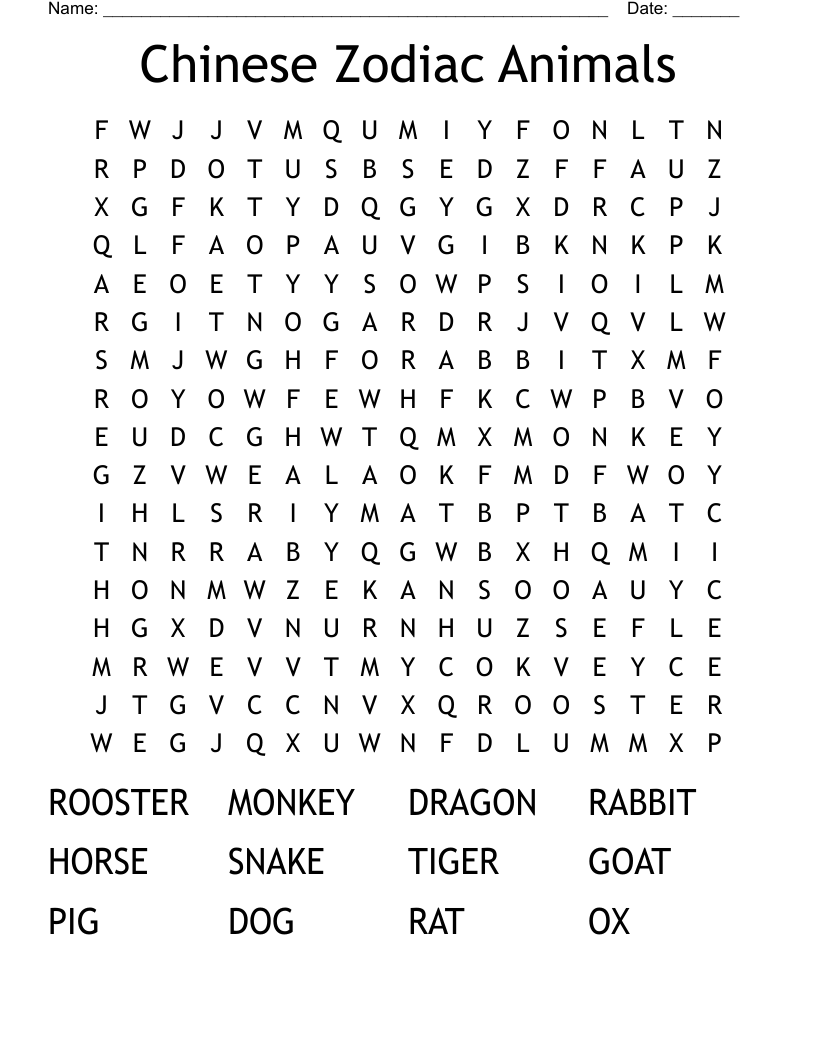 Chinese Zodiac Animals Word Search