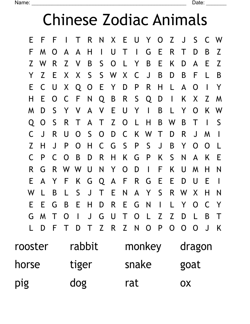 Chinese Zodiac Animals Word Search