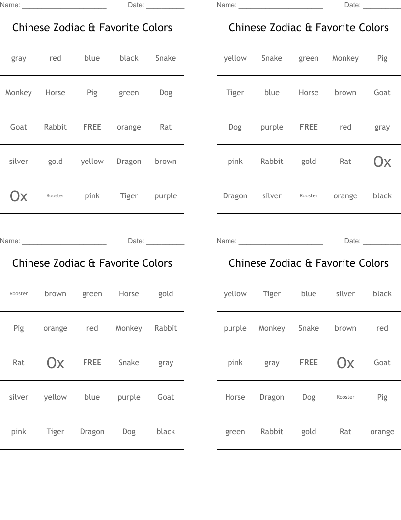 Chinese Zodiac & Favorite Colors Bingo Cards