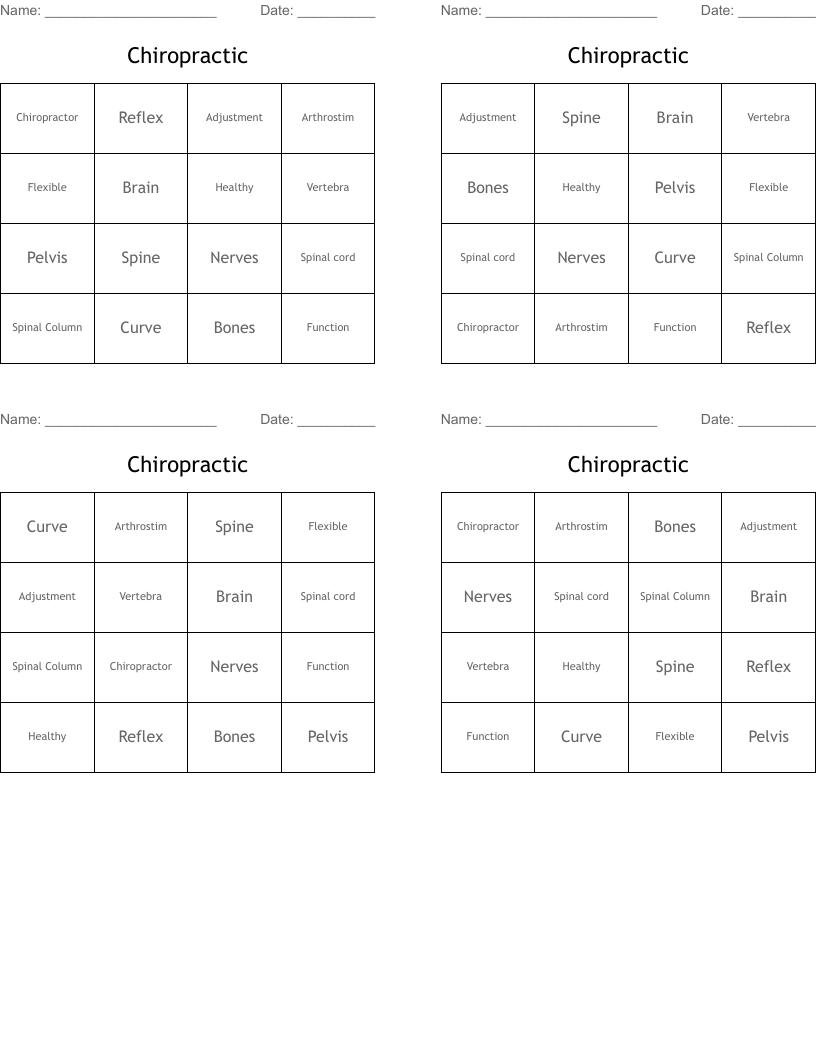Chiropractic Bingo Cards