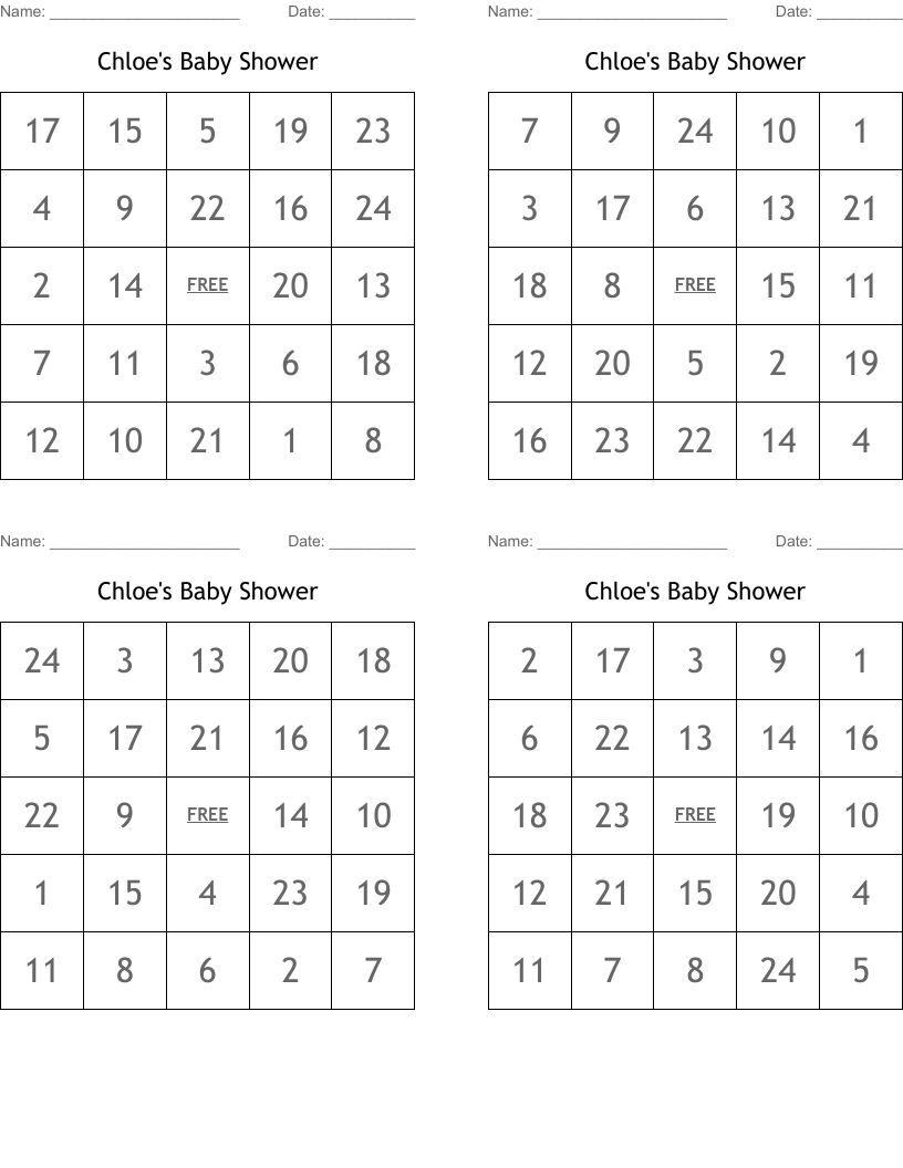 Chloe's Baby Shower Bingo Cards