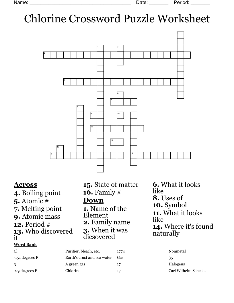 Chlorine Crossword Puzzle Worksheet