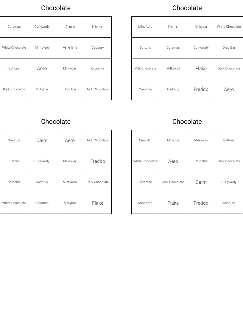 Chocolate Bingo Cards