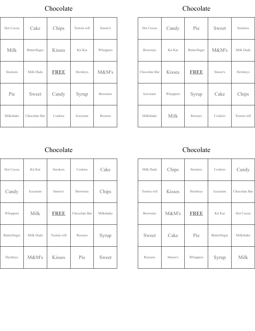 Chocolate Bingo Cards