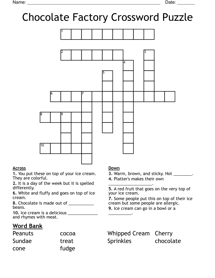 Chocolate Factory Crossword Puzzle