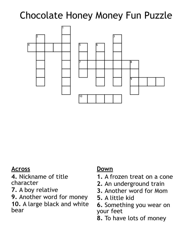 Chocolate Honey Money Fun Puzzle Crossword