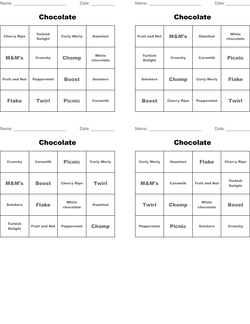Chocolate  Bingo Cards