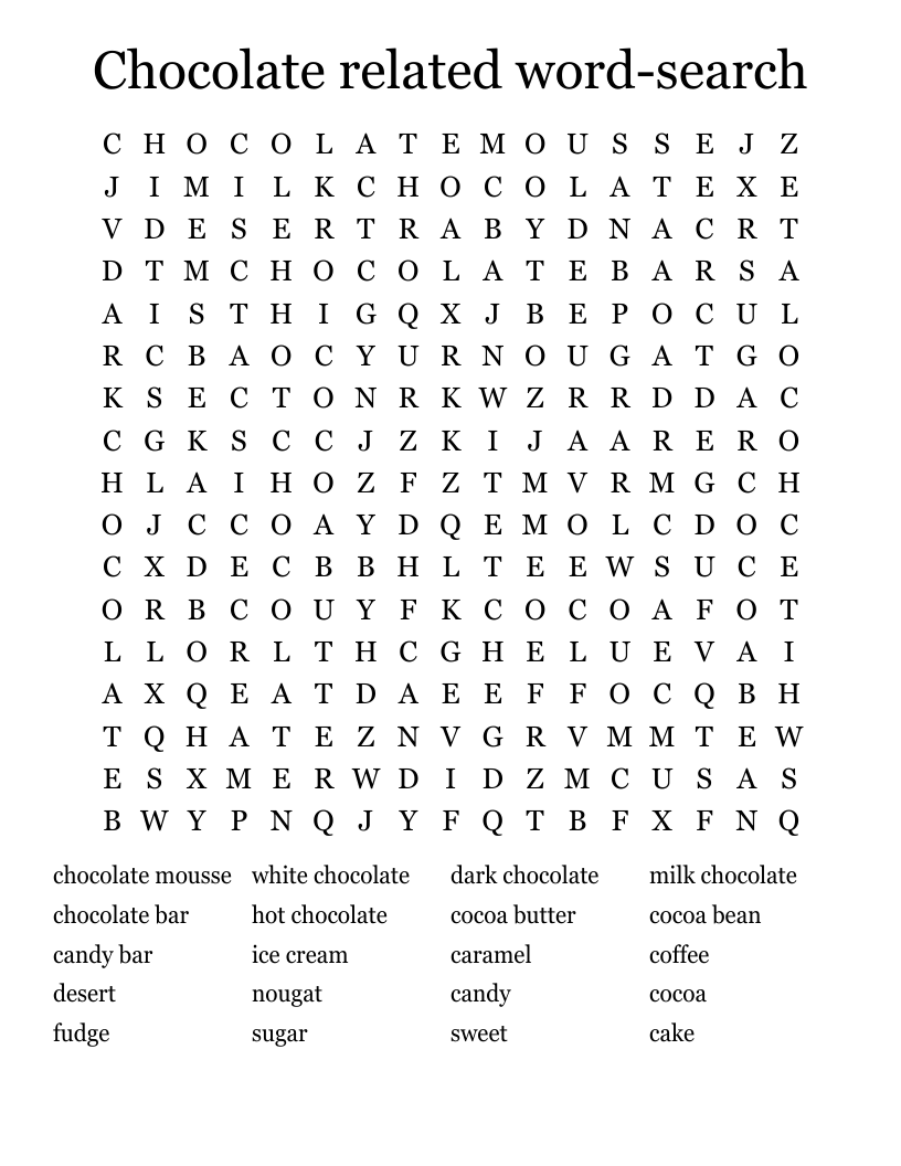 Chocolate related word-search Word Search