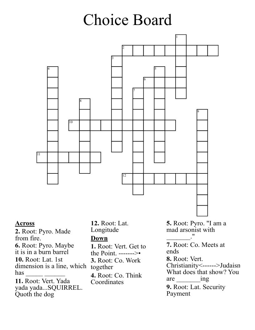 Choice Board Crossword