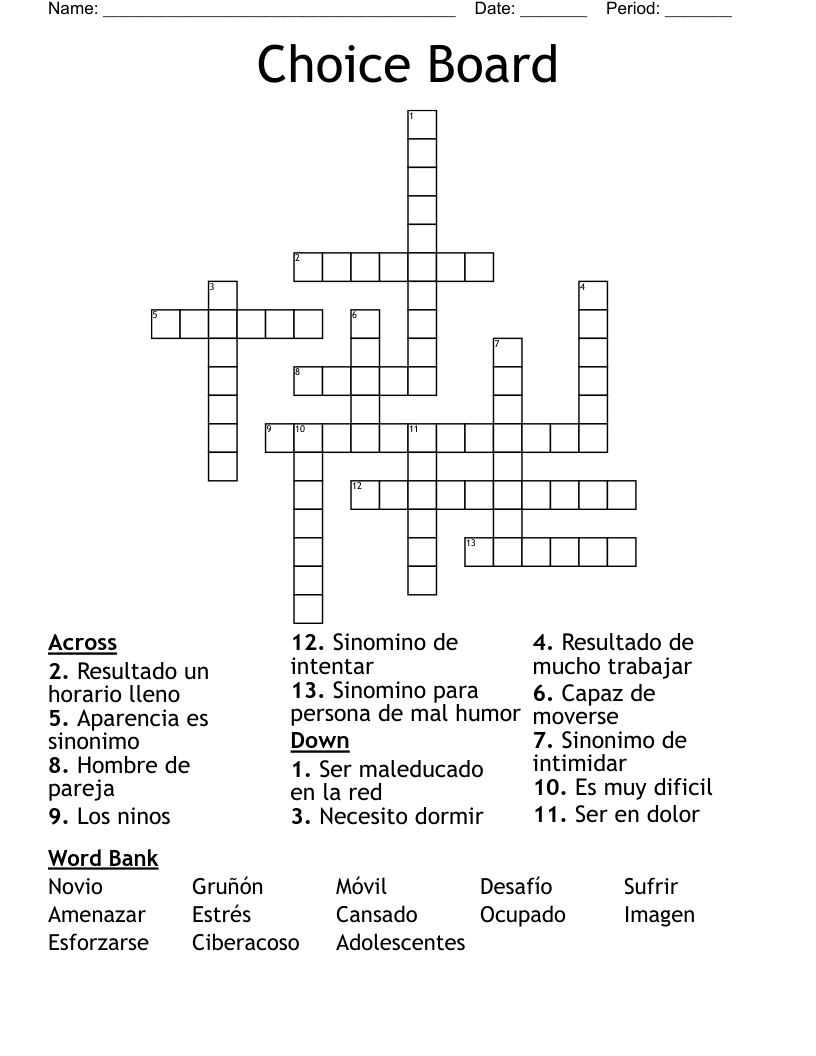 Choice Board Crossword