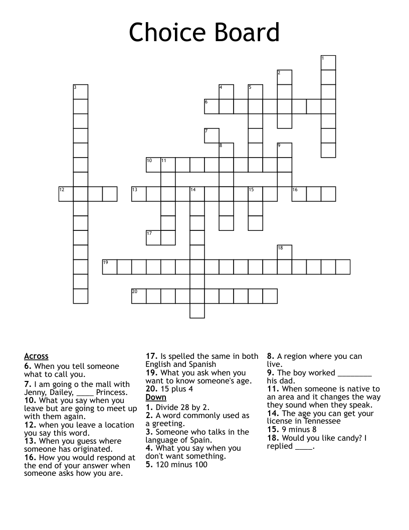 Choice Board Crossword