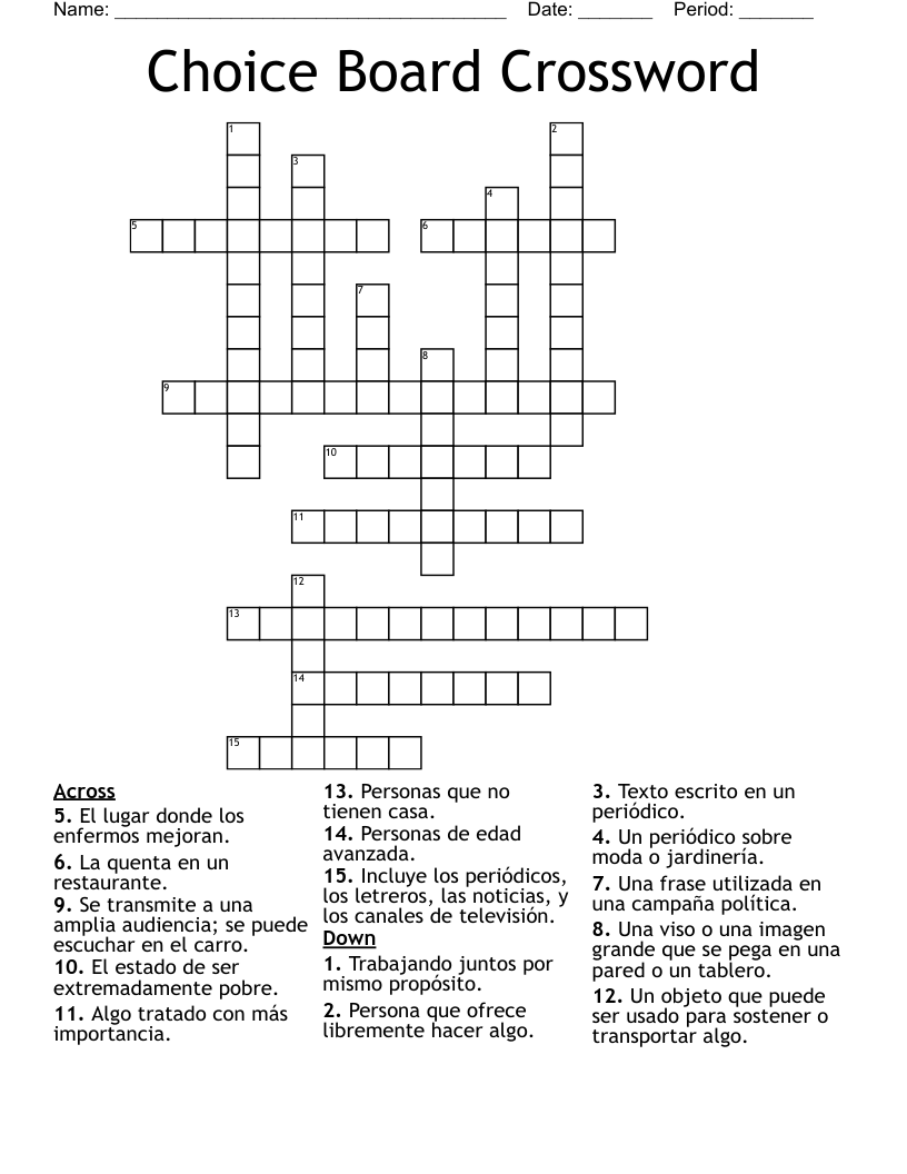 Choice Board Crossword